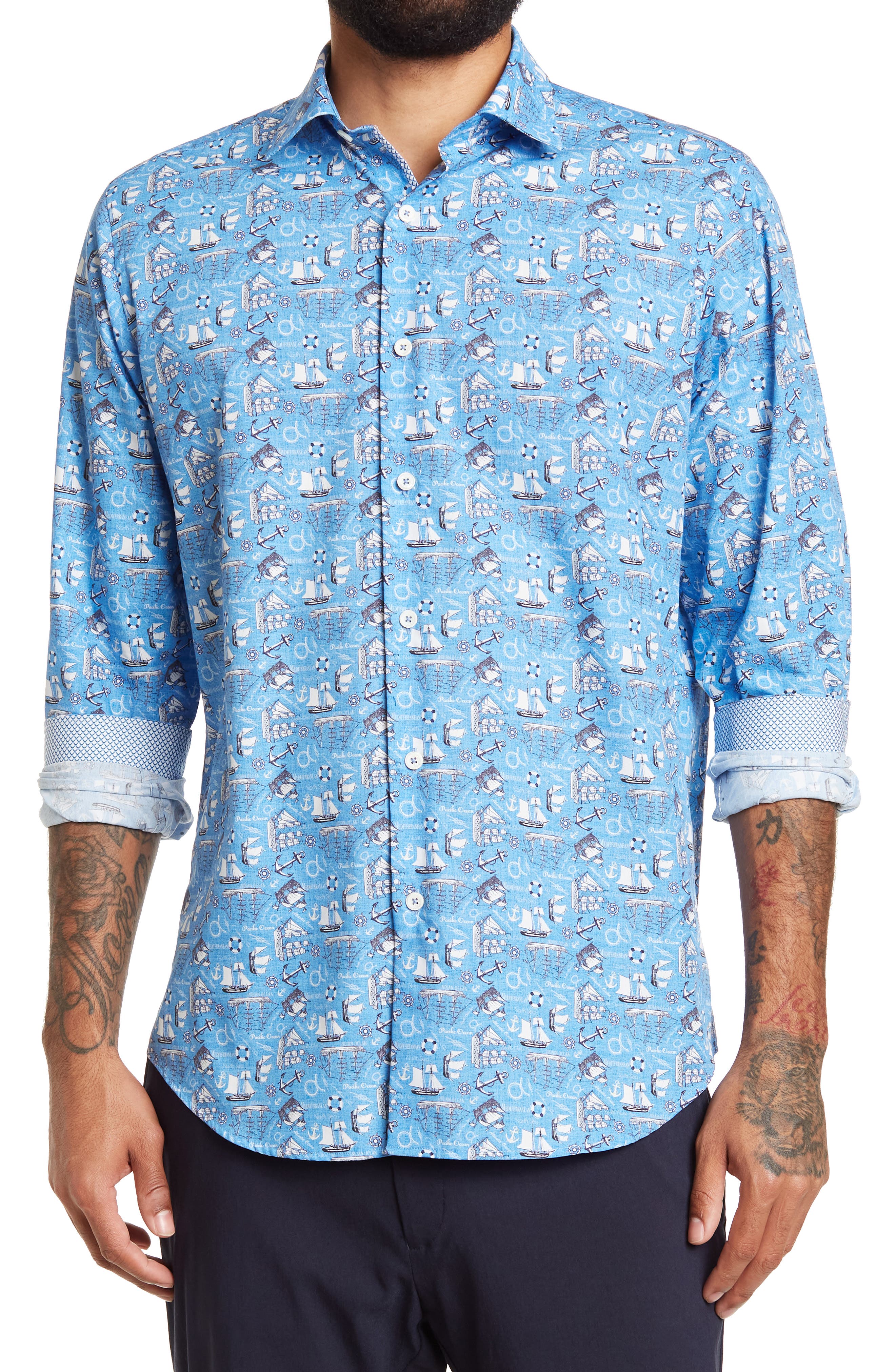 Bugatchi Seaside Square Classic Fit Long Sleeve Button Up Sport Shirt Sky 